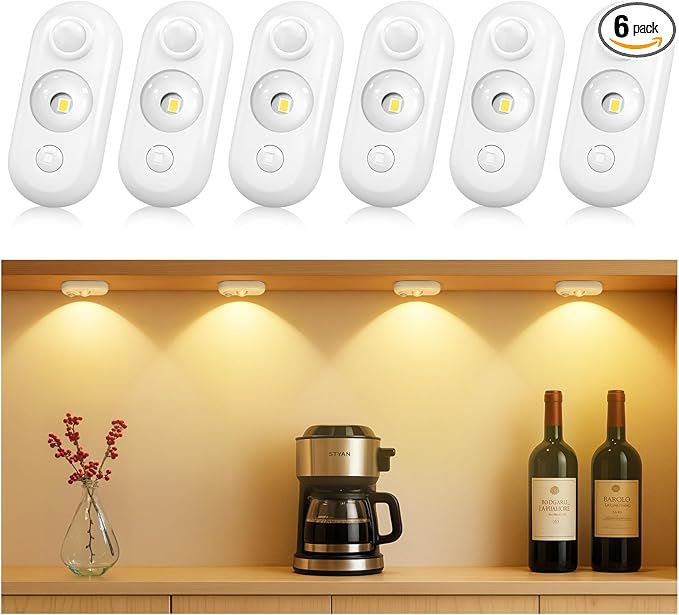 LED Motion Sensor Puck Lights, Small Rechargeable Under Cabinet Light, Dimmable Warm White Closet Lights, Lithium-ion Battery Wireless Under Cabinet Lighting for Drawer, Kitchen(6 Pack, White)
