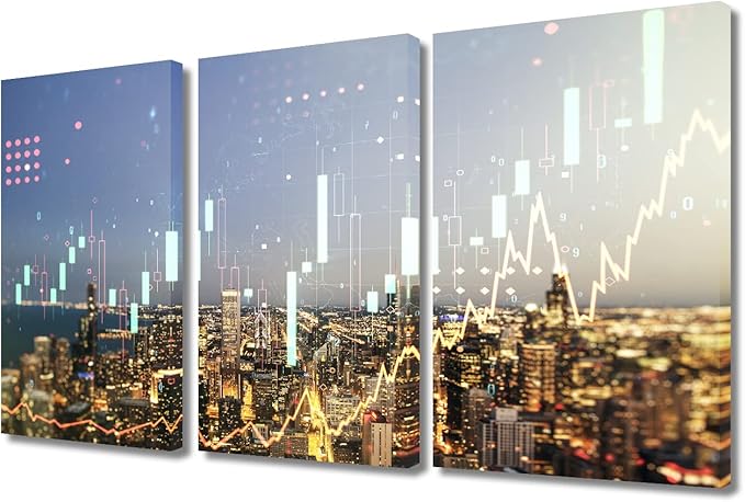 TUMOVO Abstract Virtual Financial Graph Hologram Pictures Wall Decor 3 Panels Chicago Cityscape Background Financial and Trading Concept Paintings Posters and Prints Framed Ready to Hang (36" Wx24 H)