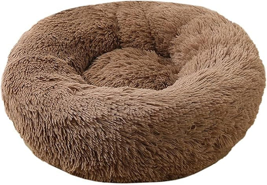 Calming Faux Fur Dog Beds Calming Donut Cuddler Dog Bed Washable Round Cat Bed Pillow Cuddler Fluffy Indoor Dog Calming Beds with Anti Slip Bottom Solid Color Light Coffee 16 Inch