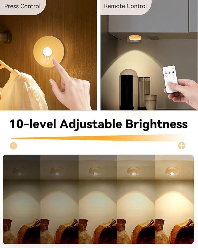 Rechargeable Puck Lights With Remote Control, 1500mAh Battery Operated Tap Lights, Dimmer & Timer Under Cabinet Light, Wireless LED Stick-On for Closet, Bedroom, Kitchen - Gold 12Pcs