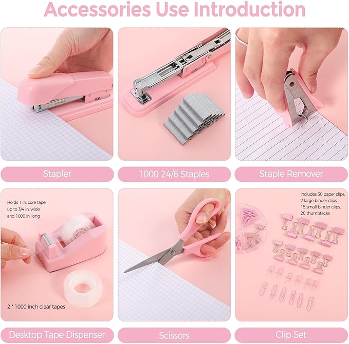 SKYDUE Pink Office Desk Accessories, Pink Office Supplies, Stapler, Tape Dispenser, Scissors, Clips and 1000pcs Staples,Office Supplies for Desk for Women