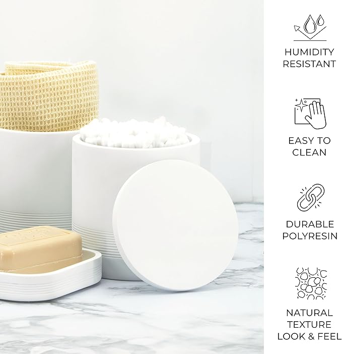 ZCCZ White Bathroom Accessories Set 6 Pieces - Toothbrush Holder, Lotion Dispenser, Qtip Container, Vanity Tray, Tumbler - Countertop Organizer for Bathrooms - Elegant and Functional Décor Set