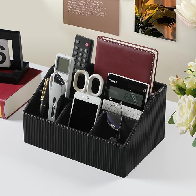 Remote Control Holder with 5 Compartments for Office Art Supplies, PU Leather Nightstand Organizer Pencil Pen Desk Caddy for Home, Desktop TV Remote Control Organizer Storage (Striped Black)