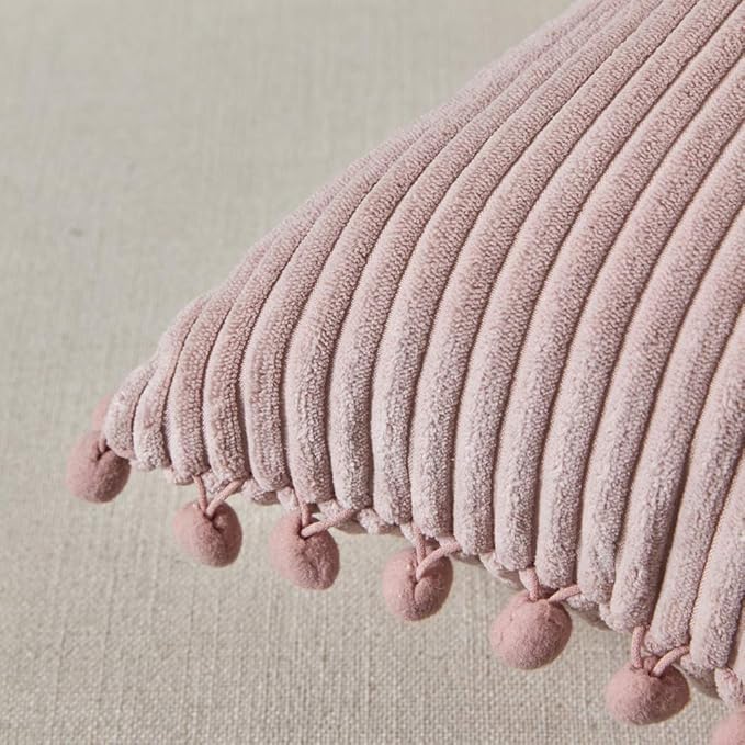 Fancy Homi Set of 2 Blush Pink Decorative Throw Pillow Covers 12x12 Inch with Pom-poms for Couch Bed Sofa, Modern Farmhouse Boho Home Decor, Soft Plush Corduroy Cute Cushion Case 30x30 cm