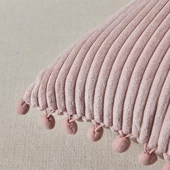 Fancy Homi Pack of 2 Boho Rectangle Decorative Throw Pillow Covers with Pom-poms, Soft Corduroy Accent Solid Cushion Case Set for Couch Sofa Bedroom Car Living Room (12x20 Inch/30x50 cm, Blush Pink)