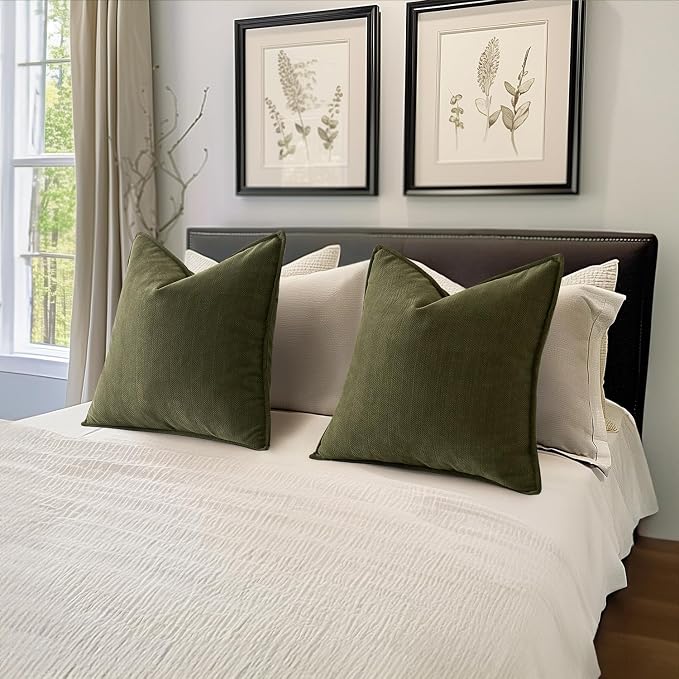 MIULEE Pack of 2 Olive Green Decorative Chenille Pillow Covers 16x16 Inch | Soft Couch Throw Pillows,Farmhouse Cushion Covers with Elegant Design for Sofa,Bedroom,Living Room,Spring Home Decor