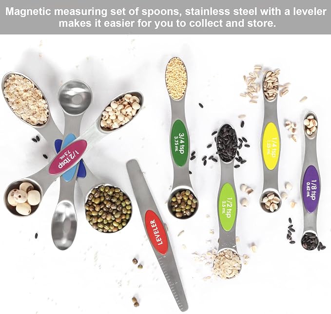 Multicolor Magnetic Measuring Spoons Set with Leveler | 7Pack, Stainless Steel, Stackable, Fits Spice Jars - For Baking Kitchen Gadgets Apartment Essentials Fits