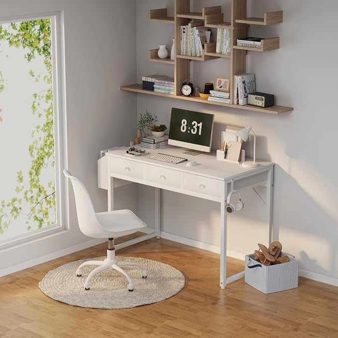 Lufeiya Small White Computer Desk with Drawers for Home Office Bedroom, 40 Inch Vanity Desk with Fabric Drawer Storage and Side Pouch, Study Writing Table, White