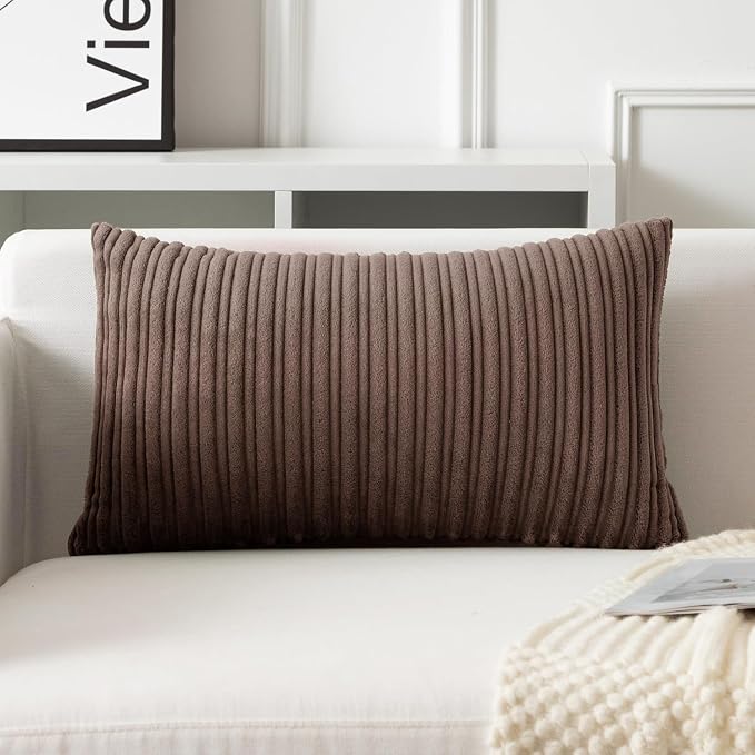 UGASA 14x20 Inch Pillow Cover Pack of 1 Soft Boho Stripe Corduroy Long Rectangle Lumbar Cushion Case Farmhouse Decorative Throw Pilowcase for Bed, Couch, Sofa, Bedroom, Living Room, Dark Brown