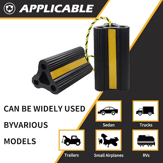 Wheel Chocks for RV Trailer Camper Trucks and Aircraft, Versatile Heavy Duty Rubber Wheel Chocks Block with 3 Reflective Strips, Tire Wheel Immobilizers & Chocks, [2pair/4pack with Rope]RV Accessories