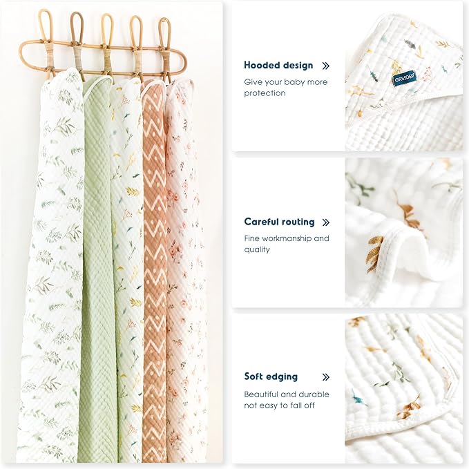 GRSSDER Ultra Soft Absorbent Muslin Cotton Baby Hooded Towel 2 Pack with Original Patterns, Extra Large Size 35"x 35" Swaddle Wrap for Newborn Infant and Toddler