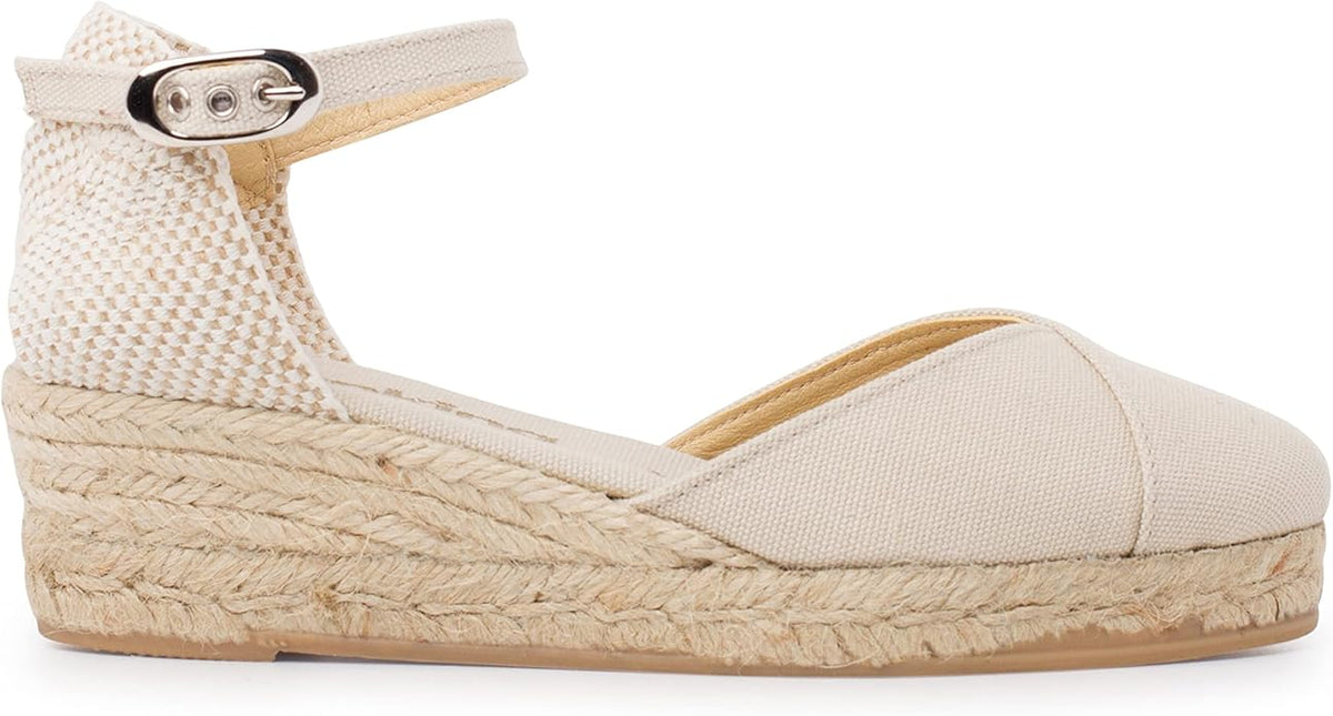 Girona Authentic Spanish Espadrille Wedge Sandals for Women - Sustainable, Eco Friendly, Vegan Shoes. Classic Style, Organic Cotton Canvas Upper, Comfy Insole, Jute Midsole, Rubber Sole. Made in Spain