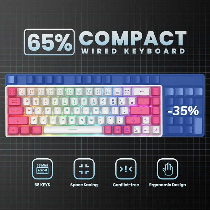 GEODMAER 65% Gaming Keyboard, LED Backlit Mini Wired Keyboard, Ultra-Compact Anti-Ghosting No-Conflict 68 Keys Membrane Gaming Wired Keyboard for PC Laptop Windows Gamer(White-Pink)