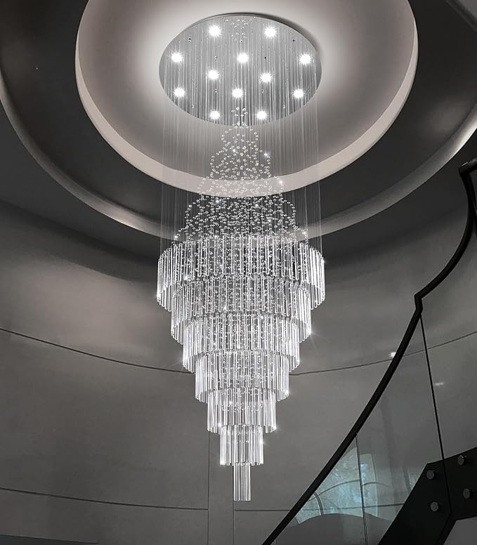 W32 x H120 Glam Chandelier with LED Bulbs Crystal Raindrop High Ceiling Pendant Light for Entrance Large Villa Chandelier Foyer Lighting Fixtures Silver