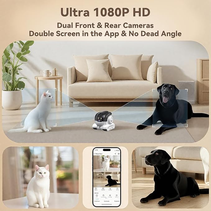 AEZ Robot Camera on Wheels 1080P Dual Lens,Security Indoor Camera with 2-Way Talk,Blinky Bot with Night Vision, Distance Bot 5200mAh Battery & App Control for Cats/Dogs/Baby/Elderly (SD/Cloud Storage)