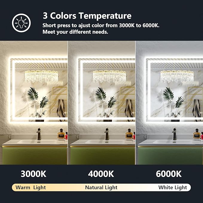 68x40 Inch LED Bathroom Mirror with Lights Front and Backlit Lighted Vanity Mirror for Bathroom Wall with 3 Colors Dimmable Anti-Fog Memory Shatter-Proof IP54 Waterproof Horizontal/Vertical