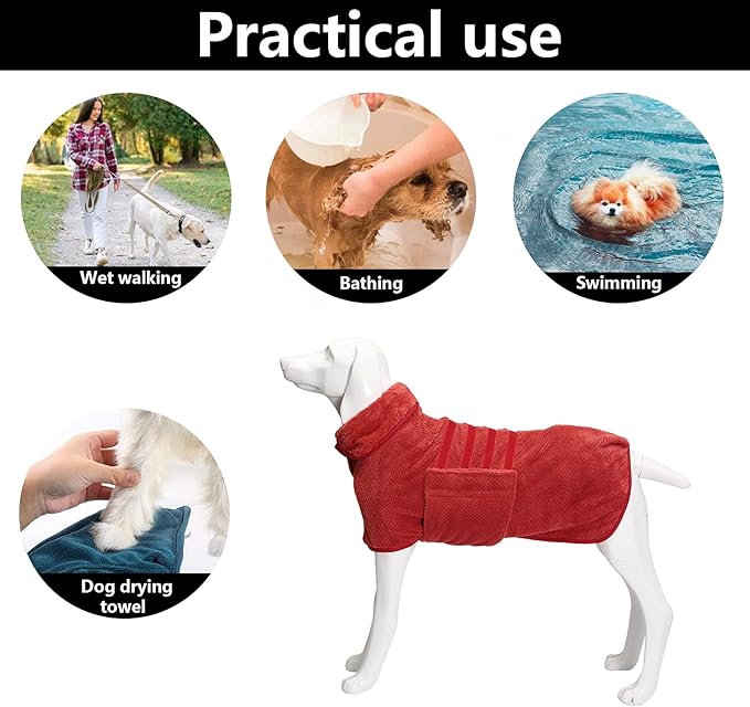 Geyecete Pineapple Grid Fast Drying Super Absorbent Dog Cat Bath Robe Towel - Red-M