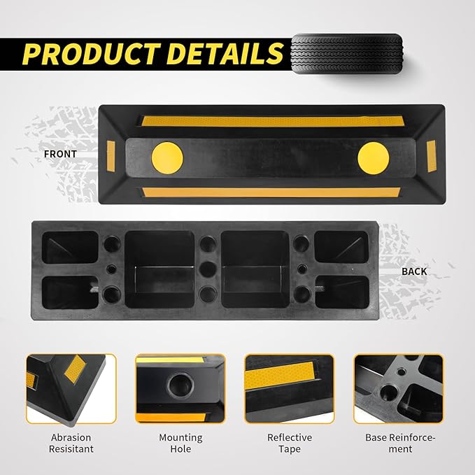 MaxxHaul 50135 2-Pack Commercial Grade Rubber Curb Parking Blocks with Yellow Reflective Strips Wheel Stops for Cars, Vans, RV's Trailers, Trucks & More