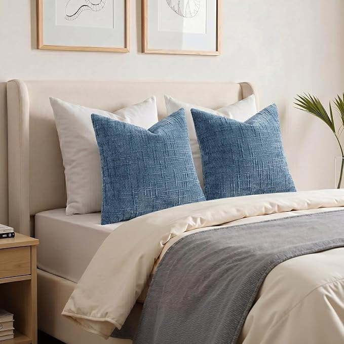 decorUhome Textured Chenille Throw Pillow Covers 12x20 Set of 2 Blue | Fall Modern Farmhouse Soft Cozy Slubby Couch Pillow Cases Boho Decorative Pillow Cases for Bed Sofa Living Room Home Decor