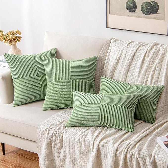 MIULEE Sage Green Decorative Throw Pillow Covers for Couch 18x18 Inch | 2 Pack, Boho Farmhouse Pillow Covers, Soft Cross Corduroy Patchwork Textured Cushion Cases For Bed Sofa