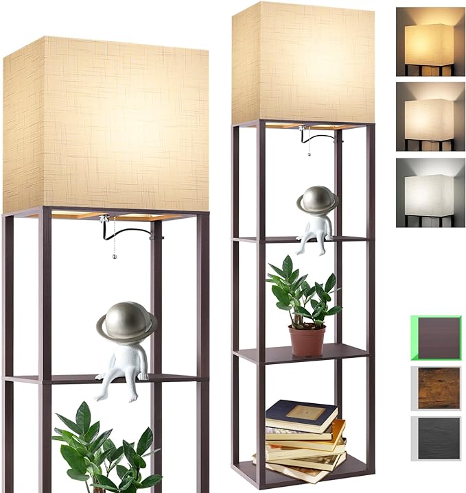 RUNTOP Plus - Floor Lamp with Shelves, Wide Shelf Lamp, Shelf Floor Lamp with 15W LED Bulb, 3 Colors Temperature, Memory Function, Large Display Storage, Standing Lamps for Living Room, Bedroom, Wood