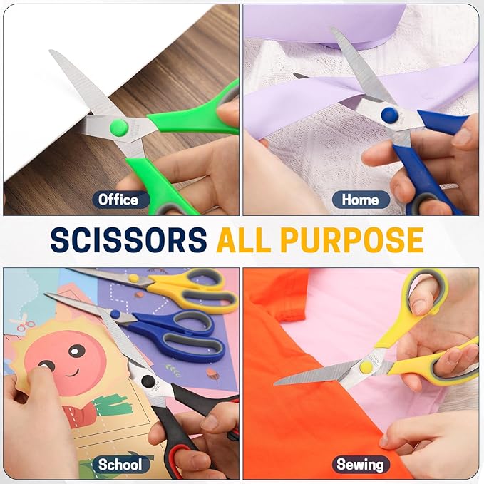 24-Pack 8" All Purpose Heavy Duty Sharp Scissors Bulk for Office School Home Stainless Steel Blades Safety Soft Grip Handles,Right/Left Handed Scissors