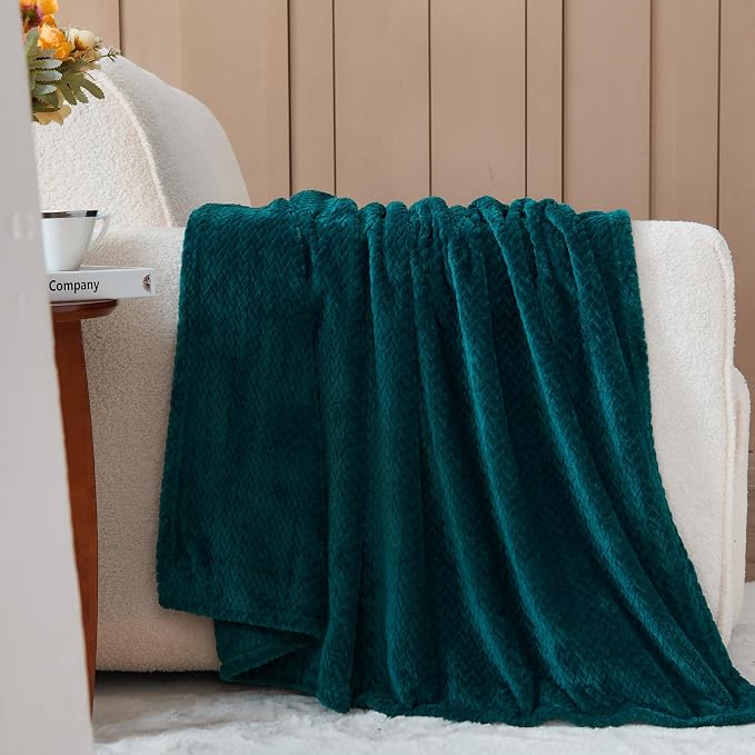 NEWCOSPLAY Fleece Leaves Pattern Queen Blanket, Dark Teal, 90"x90" | Super Soft Throw Blanket, Lightweight Cozy Bed Sofa Blanket, Premium Silky Flannel Fleece, Travel Blanket for All Season Use