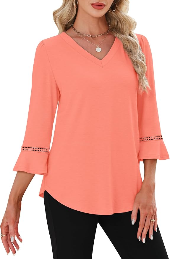 WIHOLL Womens Blouses Dressy Casual 3/4 Length Sleeve Tops Lace Trendy 2026 Spring Summer V Neck Shirts Vacation Outfits