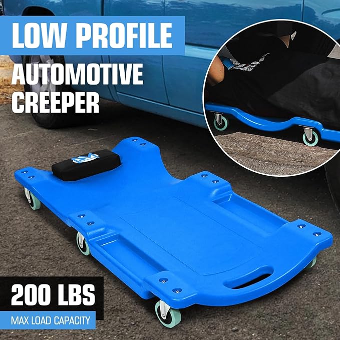 PM PERFORMOTOR 40Inch Low Profile Plastic Rolling Garage Shop Creeper with Padded Headrest,Tool Trays & 6pcs Casters, Blue, PM-TOL-CPC40-BL