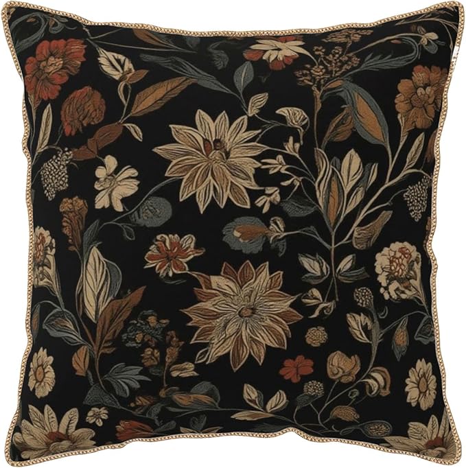 Black Boho Vintage Flowers Velvet Pillow Covers 18x18 Inch Retro Art Brown Floral Throw Pillows for Couch Cushion Covers Pillowcase Farmhouse Bohemian Pillow Cases for Sofa Bed Bedroom