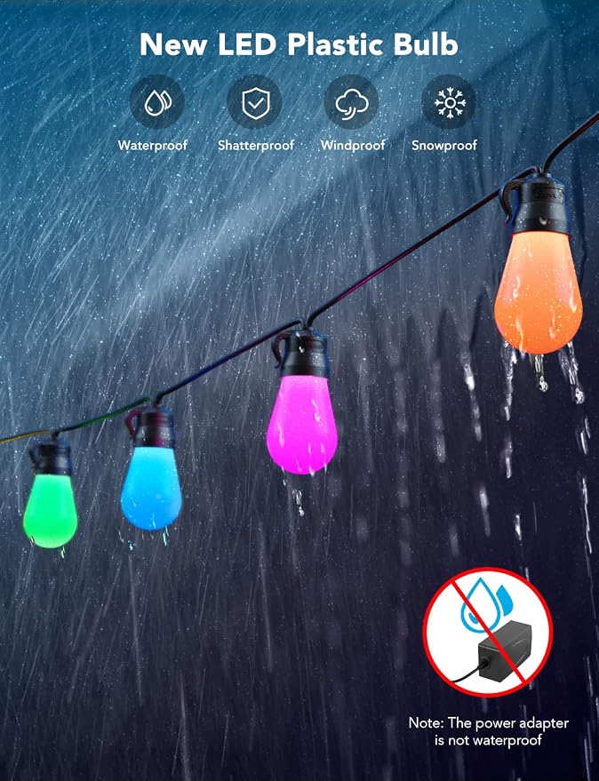 Govee Smart Outdoor String Lights H7015, 48ft RGBIC Outdoor Lights with 15 Dimmable LED Bulbs, IP65 Waterproof, Color Changing Warm White Lights with 47 Scene Modes for Patio, Backyard, App Control | 15 Dimmable LED Bulbs Outdoor Lights with Color Chan...