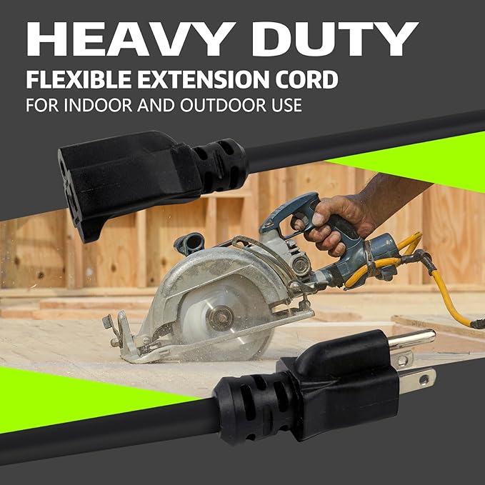 Indoor Outdoor Extension Cord, 12 Gauge 3 Prong Weatherproof Heavy Duty Black Extension Cords, 12/3 SJTW 15A 8 FT Extension Cable for Garage, Garden and Home, UL Listed