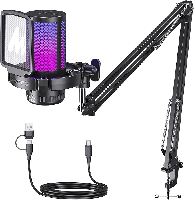MAONO DGM20S Gaming Microphone for PC with Clear Voice & Noise Reduction | RGB Lighting, Tap-to-mute, Gain Control, Headphone Monitoring and Boom Arm for Discord Gaming, Streaming, Content Creation