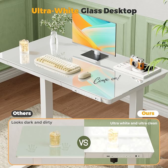 35" Electric Standing Desk with Drawer, One-Piece Glass Top | Quick Install One-Piece Tabletop with USB Charging Ports, Sit Stand Computer Desk with Wheels for Small Space, White
