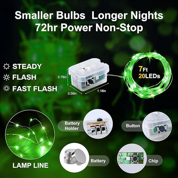 Aogist Led Fairy Lights 3 Modes Battery Operated String Lights Waterproof Silver Wire 7 Feet Firefly Starry Moon Mason Jar Lights for DIY Wedding Party Christmas (Green, 20 Pack)