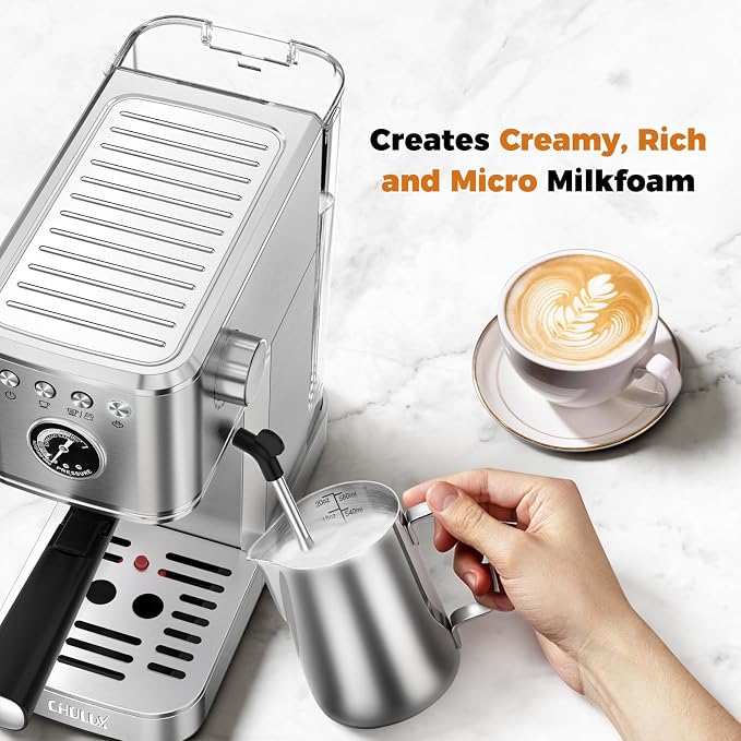 CHULUX Elite Espresso Machine for Latte, Americano and Iced Coffee, Silver | Hot and Iced Espresso, Visible Pressure Gauge, PID Temperature Control, Pre-Infusion Tech, Brushed Stainless Steel Finish
