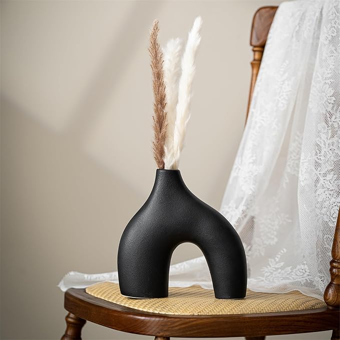 White Ceramic Vases Set of 3, Minimalist Nordic Modern Style, Round Donut Vase for Dried Flowers, Pampas Grass & Fresh Blooms,Boho Home Decor for Table Shelf Living Room Office (Black)