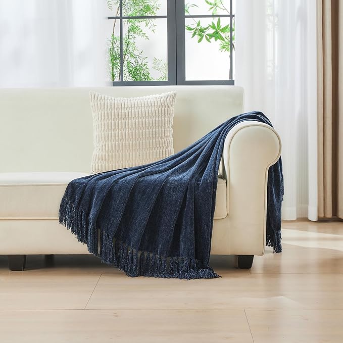CozeCube Chenille Throw Blanket, Navy Blue Fringe Blanket, 60"X80" | For Couch, Cozy Plush Fuzzy Decorative Blanket with Fringe Tassels, Lightweight Throws for Bed Sofa Gift Home Decor