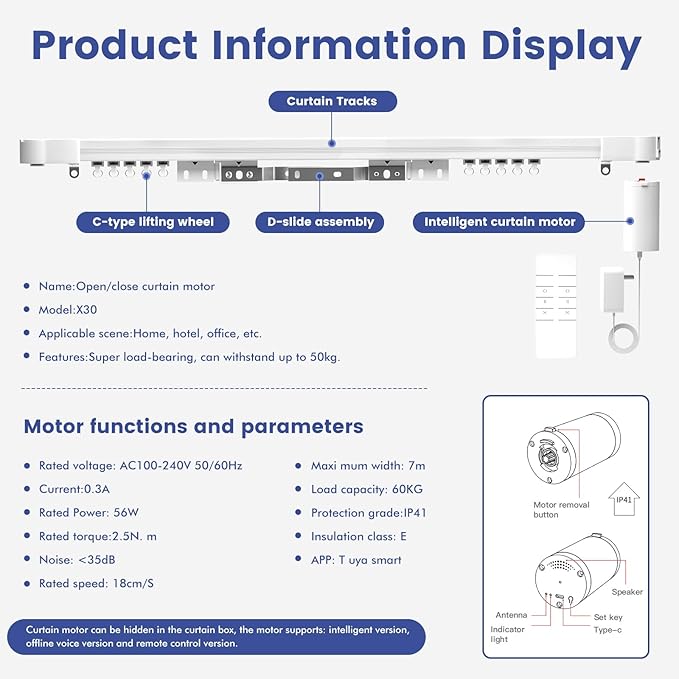 Smart Mini40 Heavy Duty Motorised Curtain System - 60kg Load Capacity, Remote Control, Voice-Activated (Alexa/Google Home) & Tuya App Compatible, Ultra-Quiet Smart Curtain Motor Kit (2.2M)