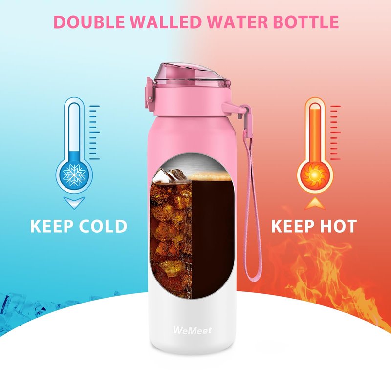 WEMEET Insulated Water Bottle with Removable Straw 17oz, 18/10 Stainless Steel Double Walled Water Cup for Sports, Gym, Travel, and School(PINK WHITE)