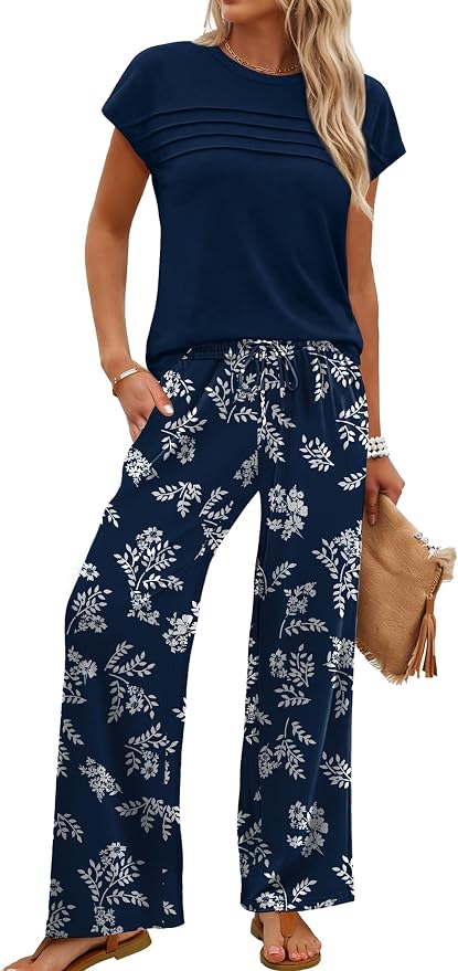 WIHOLL Two Piece Set for Women Summer Spring Outfits Matching Sets Women Clothing Airport Travel Vacation Wide Leg Pants