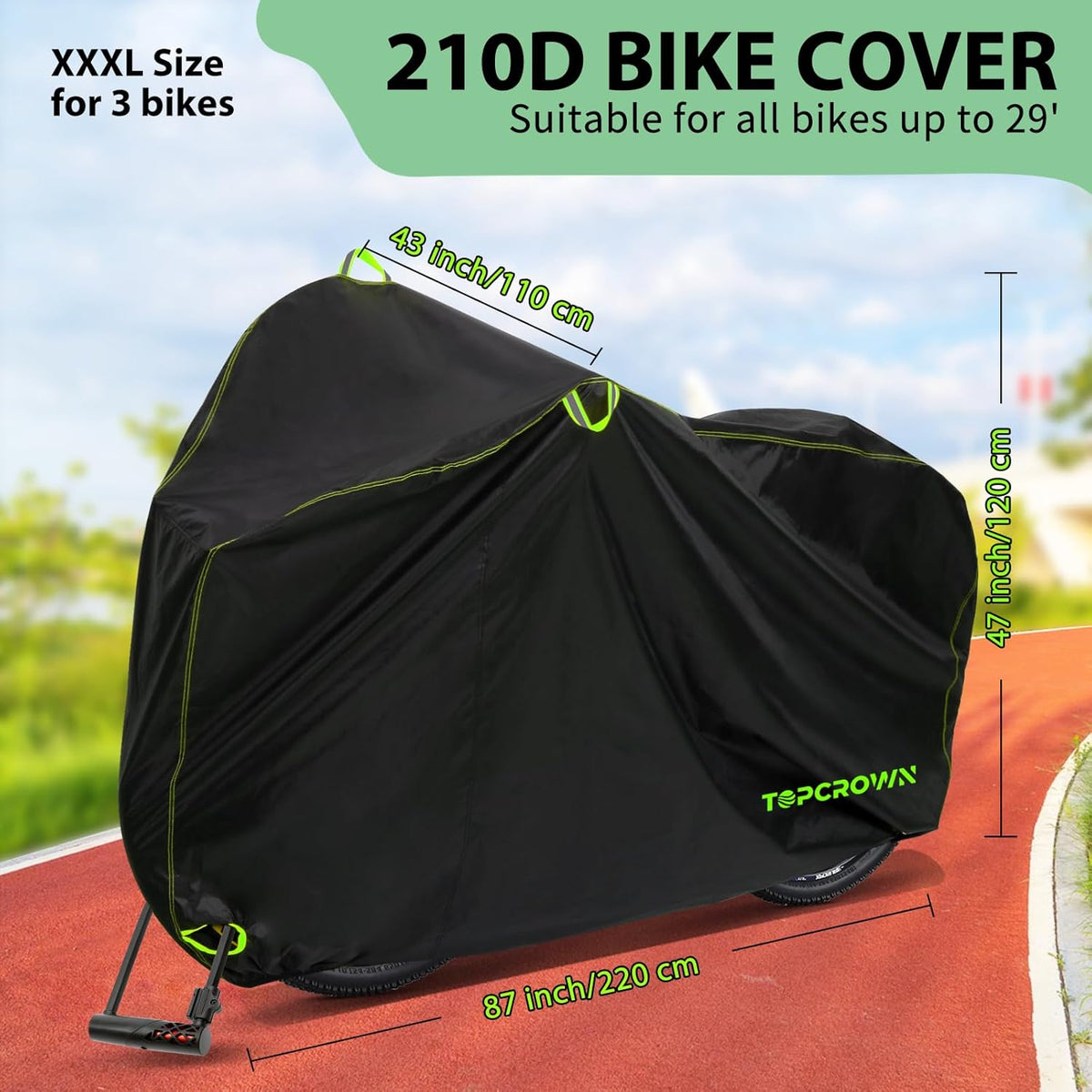 Topcrown Waterproof Bike Cover - Outdoor Storage for 3 Bikes | UV, Dust & Wind Protection, XXXL Black & Green