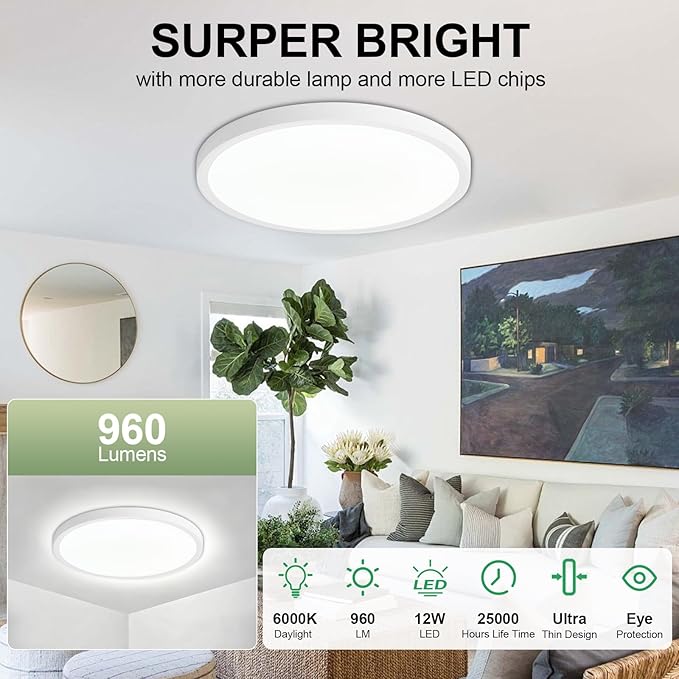 LED Flush Mount Ceiling Light: 7 inch 1Pack Super Slim Dimmable & 5CCT (2700-6500K) Kitchen Lighting Fixtures Ceiling - 12W White Low Profile Ceiling Lamp for Bedroom Garage Hallway
