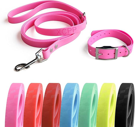 4.2FT Dog Collar and Leash Set, PVC Waterproof Adjustable Odor Proof Pet Collars Leashes, Easy to Clean, Surface 3D Cube Effect, Dog Leash for Small Dogs, Pink