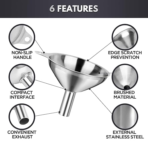Kitchen Funnels for Filling Bottles, YGDZ 3pcs Small/Medium/Large Food Grade Stainless Steel Metal Kitchen Funnels Set for Essential Oil Spices Liquid, 2pcs Cleaning Brushes