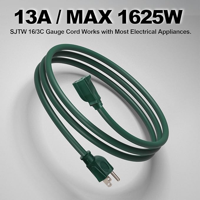 EP 15FT Green Outdoor Extension Cord, 16/3 SJTW Heavy Duty Waterproof, 3 Prong Grounded Plug, 13A 1625W 16AWG, Cold-Resistant Flexible Power Cable for Garden, Home, Christmas Lights