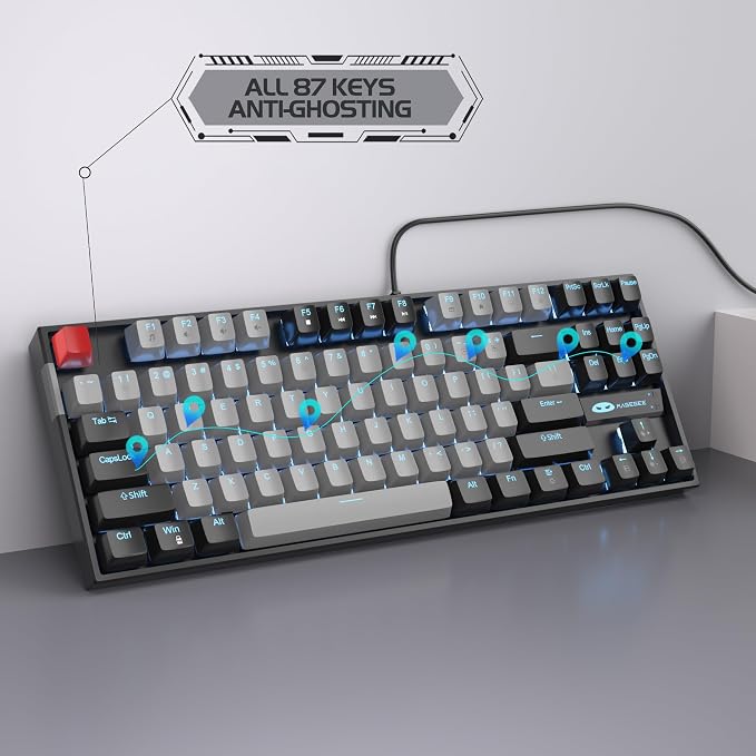 MageGee 75% Mechanical Gaming Keyboard, Blue Switch, LED Backlit, 87 Keys Compact TKL Wired Computer Keyboards for Windows Laptop PC Gamer - Grey/Black