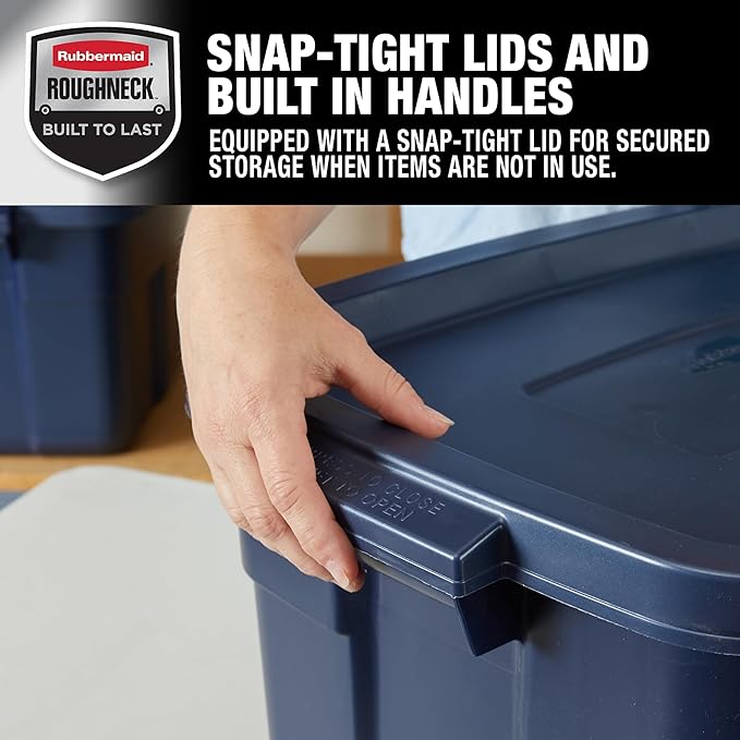 Rubbermaid Roughneck Tote 14 Gal, 6 Pack, Made in USA, Dark Indigo Metallic, Rugged Plastic Stackable Storage Bins with Lids and Handles