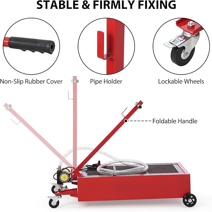 Oil Drain Pan, 20 Gallon Capacity, Rolling Oil Drain Pan with Electric Pump & 8 ft Hose, Leak-Proof & Corrosion-Resistant, Fit for Cars, SUVs, Trucks, Motorcycles, ATVs (Red, 20 Gallon-Electric)