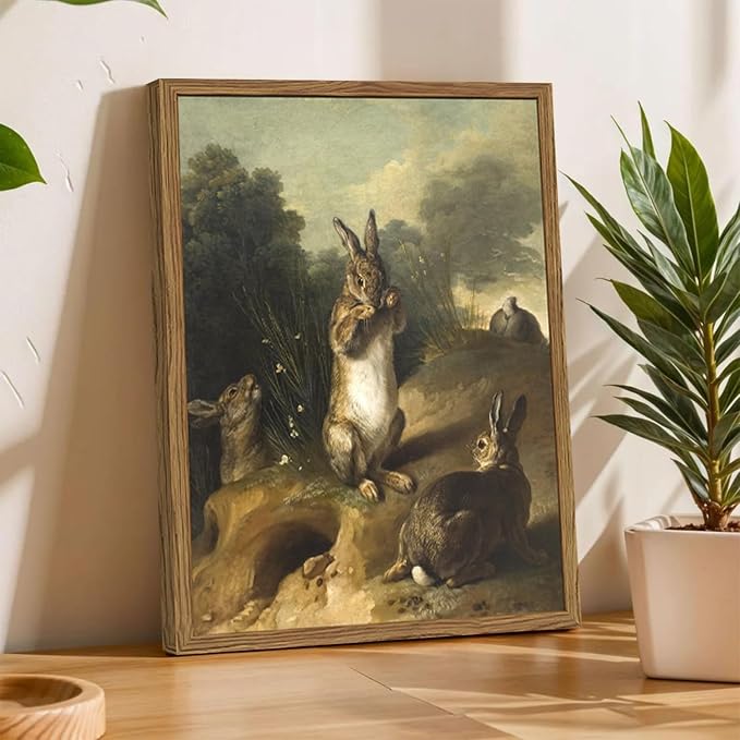 Vintage Easter Rabbit Wall Art, Rustic Bunny Wall Decor Painting Cottagecore Animal Poster Canvas Prints Picture for Living Room Farmhouse Bedroom 16x24 inch Wood Framed